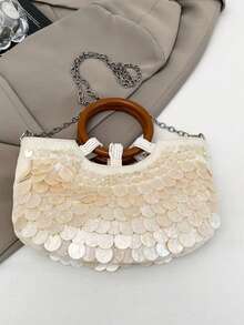 Mala Tote Decorativa com Conchas, Base em Linho, Alça de Corrente Removível, Elegante Mala de Noite e de Praia para Mulher - Damasco - Ver 5