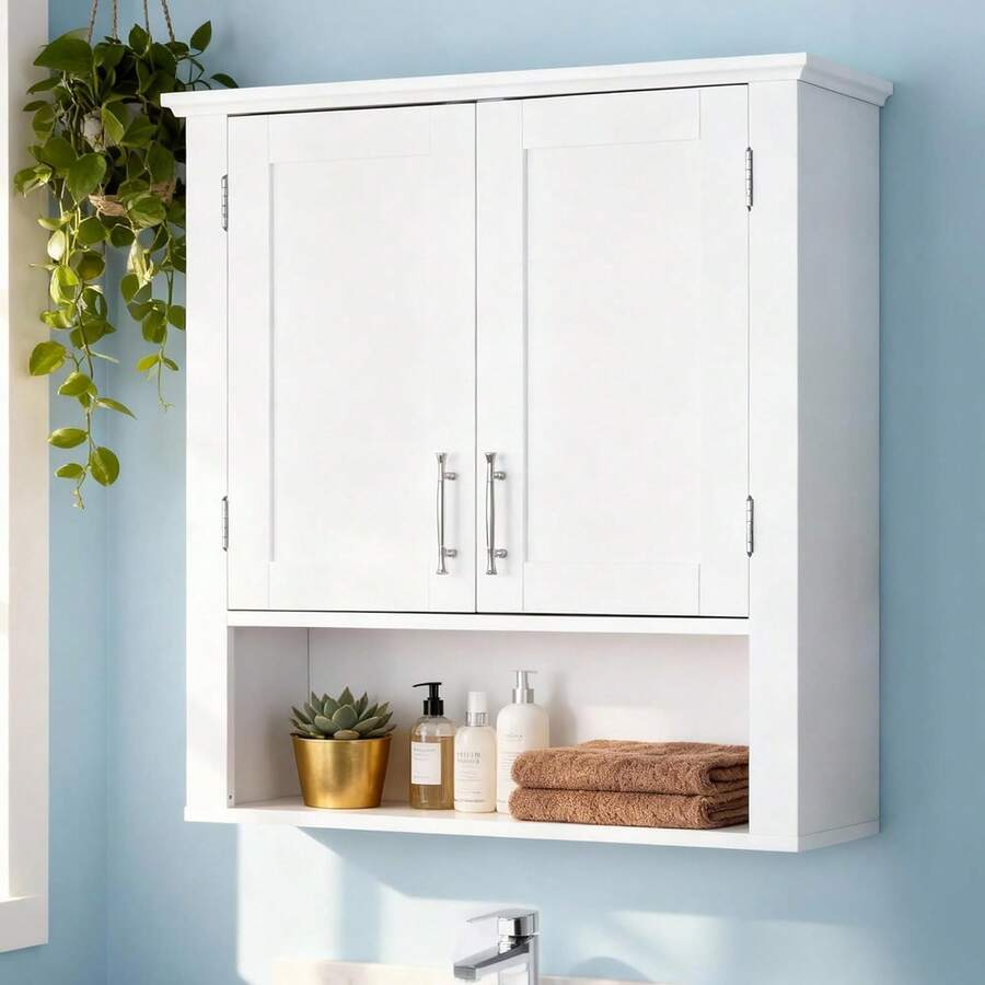 Bathroom Wall Cabinet Over The Toilet, Wall Mount Storage Medicine Laundry Cabinet With Two Doors And Three Adjustable Shelves, White - White - View 1