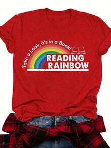 Women's Fitted T-Shirt With Y2K Print And Crew Neck - Plus Size - Red T-Shirt For Women - Rainbow Graphic Design T-Shirt For Reading And Books - Casual Everyday T-Shirt For Teachers And Book Lovers - Valentine's Day And Back-To-School Outfit - Soft Everyday Top, Teacher Clothing, Fun Design, Comfortable Fit - Summer Festival Fashion, Heavyweight Adult T-Shirt - 紅色 - 查看 5