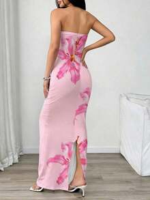 Vestido midi ajustado bandeau con estampado floral, estilo de vacaciones en la playa para mujer - Multicolor 7 - Ver 2