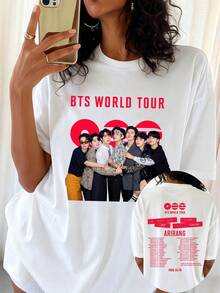 Double-Sided Oversized White T-Shirt With Group Photo And Track Listing From Backstage Of BTSS's World Tour - White - View 1