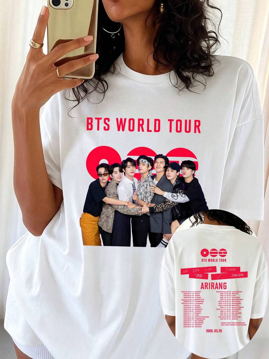 Double-Sided Oversized White T-Shirt With Group Photo And Track Listing From Backstage Of BTSS's World Tour - White - View 1