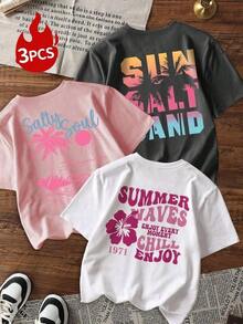 Camiseta de manga corta con cuello redondo para mujer, estampada con letras, palmeras y motivos florales, en colores vivos, adecuada para uso casual, versátil para el día a día, vacaciones y las temporadas de primavera/verano.Artículo único - Multicolor - Ver 1