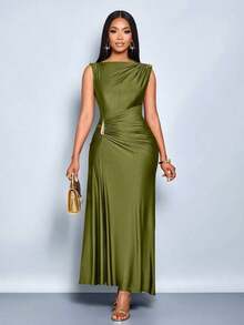 Vestido elegante de mujer con decoración de metal de unicolor, ajuste delgado, adecuado para el uso diario, compras, fiestas y reuniones - Verde militar - Ver 1