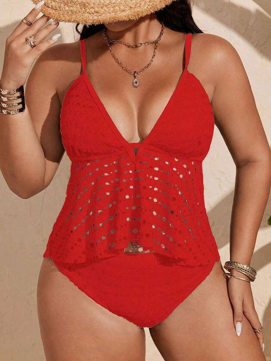 Swim Lushoire Conjunto de tankini de traje de baño de unicolor con diseño calado para mujer de talla grande - Rojo - Ver 1