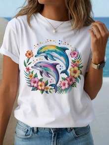 Women's White T-Shirt With Tropical Dolphin And Hibiscus Print - Short Sleeve, Crew Neck, Casual And Elegant Style, Breathable Summer Beachwear With Vibrant Dolphin And Tropical Fish Design, Loose Fit For Everyday Wear And Parties, Comfortable Casual Wear For All Seasons, Machine Washable - For Vacation And Everyday Use. Unisex Cotton T-Shirt, Short Sleeve, Crew Neck, Urban Vintage Style. - 白色 - 查看 5