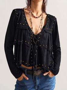 Blusa holgada de manga larga de unicolor tejida, estilo bohemio, para Navidad, Año Nuevo y invierno - Negro - Ver 8