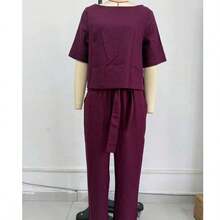 Conjunto casual de 2 piezas de unicolor para mujer, blusa de manga corta y pantalón largo de unicolor, uso diario elegante para el verano - Burdeos - Ver 4
