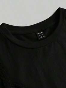MOD Vestido de manga corta, cuello redondo, ajuste holgado y casual con camiseta interior de encaje, para uso diario, hippie, té, encaje, salir, vestido casual - Blanco y Negro 2 - Ver 9