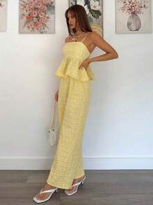 Conjunto de 2 piezas de top de tirantes y pantalones de estilo jacquard elegante para mujer, para verano - Amarillo - Ver 4