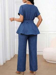 Lady Conjunto de dos piezas de mujer con top de manga corta y pantalones rectos sueltos, de unicolor, tela jacquard casual y elegante, cintura suelta y bajo en A. Apto para usar en primavera, verano y otoño. Atuendos de oficina, de vuelta al colegio, de iglesia, de salida y modestos para el aeropuerto. - Azul - Ver 2