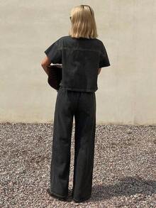 Conjunto de top con manga corta y amarre al frente, y pantalones vaqueros de corte holgado para mujer - Gris - Ver 2