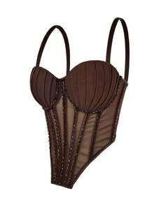 Top corset de malla transparente con lentejuelas, estilo punk gótico con pedrería, para mujer, sexy y elegante para usar en discotecas o de manera casual en verano - Negro - Ver 8