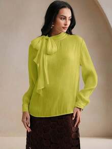 Blusa elegante y chic de cuello alto, manga larga y puños con lazo para uso diario - Mostaza Amarilla - Ver 6