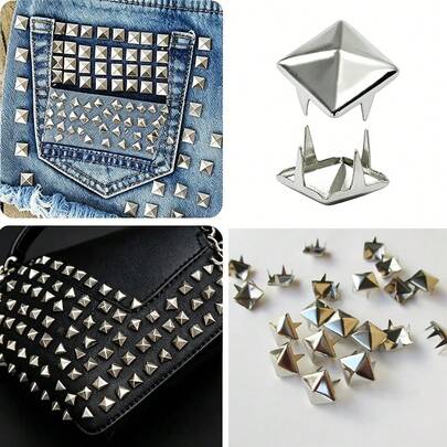 100/320pcs 10mm Square Pyramid Silver Punk Rock Jewelry Craft 4-Prong Metal Studs, Suitable For DIY Leather Rivets, Bags, Clothes, Shoes Metal Square Rivets