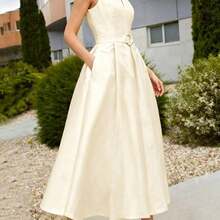 Women's Elegant Waist Belt A-Line Dress, New Spring/Summer Sleeveless V-Neck Urban Commuter Dress - Albaricoque - Ver 5
