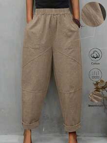 LUMIGAL Pantalones casuales sueltos de cintura elástica para mujer con forma cónica y bolsillos de unicolor - Caqui - Ver 12