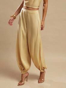 Women's Satin Palazzo Pants, Elegant Loose-Fitting Ginger Yellow Trousers, Suitable For Going Out, Brunch, Summer, Weddings, Honeymoon, Beach Vacation - 黃色 - 查看 5