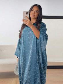 Middle East 2026 Spring/Summer New Women's Fashion Loose Rhinestone Abaya Cardigan Long Robe - Light Blue - View 1
