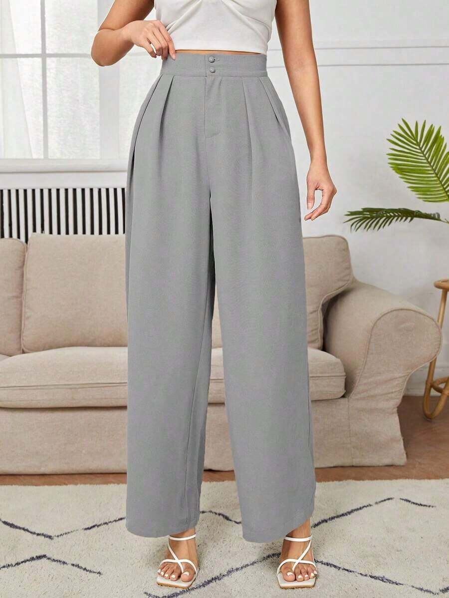 PETITE Pantalones De Vestir De Pierna Ancha Con Pliegues En La Cintura Alta - Gris - Ver 1