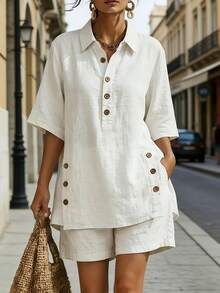 New Women's Two-Piece Set For Spring/Summer 2026, Including Short Sleeved Shirt And Loose Shorts - 白色 - 查看 2