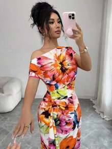 Long Asymmetrical Dress With Ruffles At The Shoulders And Waist, Floral Print, Elegant And Minimalist, Suitable For Work, New Year's, Streetwear, French Romantic Style, Casual, Middle Eastern Retro, Afternoon Tea, Party, Thanksgiving, Back To School, Spring/Summer - 橘色 - 查看 3