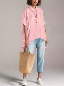 Women's Loose-Fitting, Versatile Batwing Sleeve Button-Down Shirt In A Solid Color, Perfect For Spring And Summer - 淡粉紅色 - 查看 4