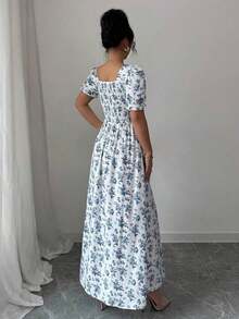 Vestido mini con escote cuadrado, estampado floral elegante, con volantes en los puños y el bajo, adecuado para primavera/verano/otoño - Multicolor 2 - Ver 9