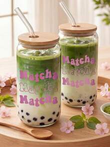 Tasse à paille en verre Matcha avec motif de vague rose, couvercle et paille. Matériau en verre. Tasse à paille de style Ins pour un usage quotidien, convient pour le café, le matcha, les jus, l'eau pétillante. Peut être utilisée comme vase, photophore. Cadeau idéal pour les filles. - Multicolore - Voir 8