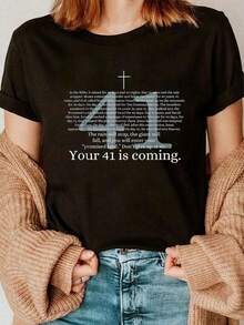 100% algodón.Camiseta con estampado "Tu 41 está llegando" - Divertida, con temática de Fe Cristiana y Biblia.Camiseta de cuello redondo para verano, suave, de manga corta para mujer, elegante y cómoda.Camisetas gráficas para mujer. - Negro - Ver 6