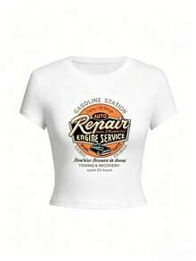 Playera cuello redondo manga corta para mujer, corte ajustado corto súper linda, estampado de letras edición verano, estilo juvenil atractivo ideal para salir y usar diario M0YL - Blanco - Ver 2