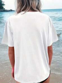 Summer Style Off-Shoulder Printed T-Shirt, Versatile And Stylish For Beach Vacations, Machine Washable, Casual Holiday Top, Streetwear And Sportswear | Clothing For Juneteenth, Father's Day And 4th Of July, Women's T-Shirts For Vacation And Office, Comfortable - 白色 - 查看 2