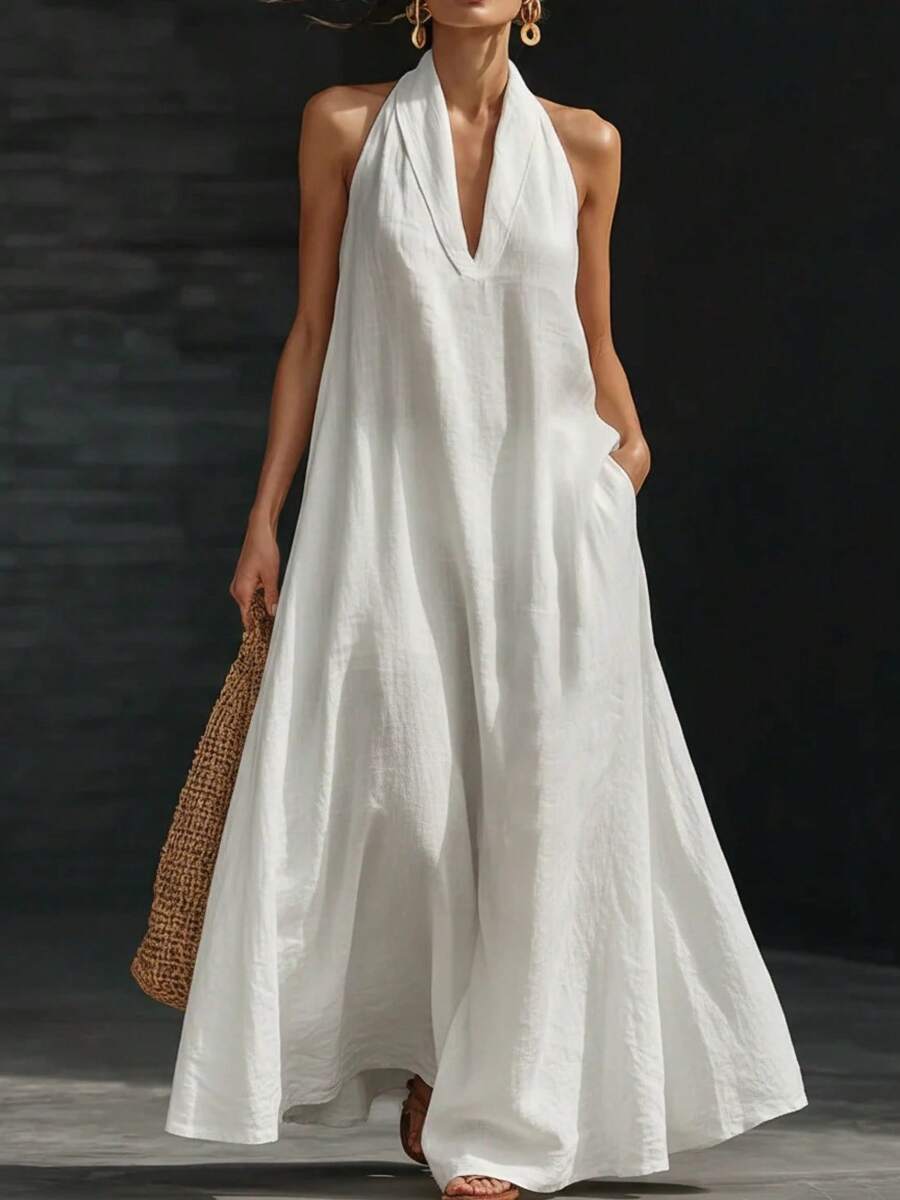 Women's Solid Casual Dress Summer 2026, Elegant Loose V-Neck Mini Midi Dress For Everyday Wear - 白色 - 查看 1