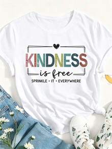 Playera para Mujer con Frase "Kindness Is Free", 100% Algodón, Manga Corta Casual, Estampado Retro Multicolor, Frase Inspiradora, Ideal para el Verano y el Uso Diario - Blanco - Ver 7