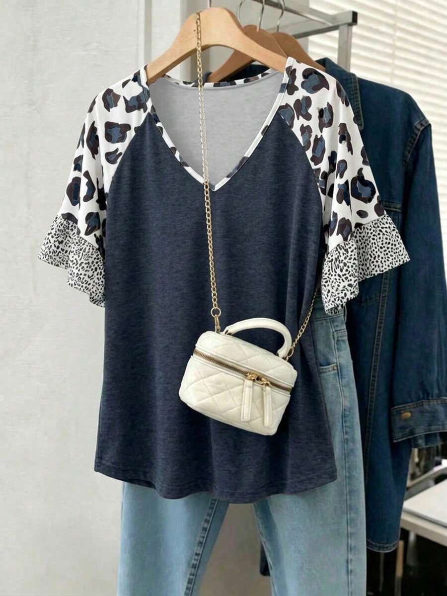 Women's Fashionable Casual Leopard Print Ruffle Sleeve Batwing T-Shirt, Elegant Outdoor Wear For Spring/Summer - Navy Blue - View 1