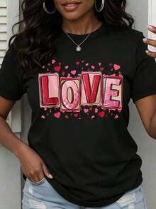Camiseta con Estampado de Corazones para Mujer, Estilo Casual para el Día de San Valentín, con Corazones Rojos y Diseño Rosa, Camiseta de Manga Corta Cómoda, Apta para Todas las Temporadas (Tallas S-XXXL) - Regalo Lindo para Parejas, Ropa Romántica, Conjuntos a Juego para Parejas - Negro - Ver 9