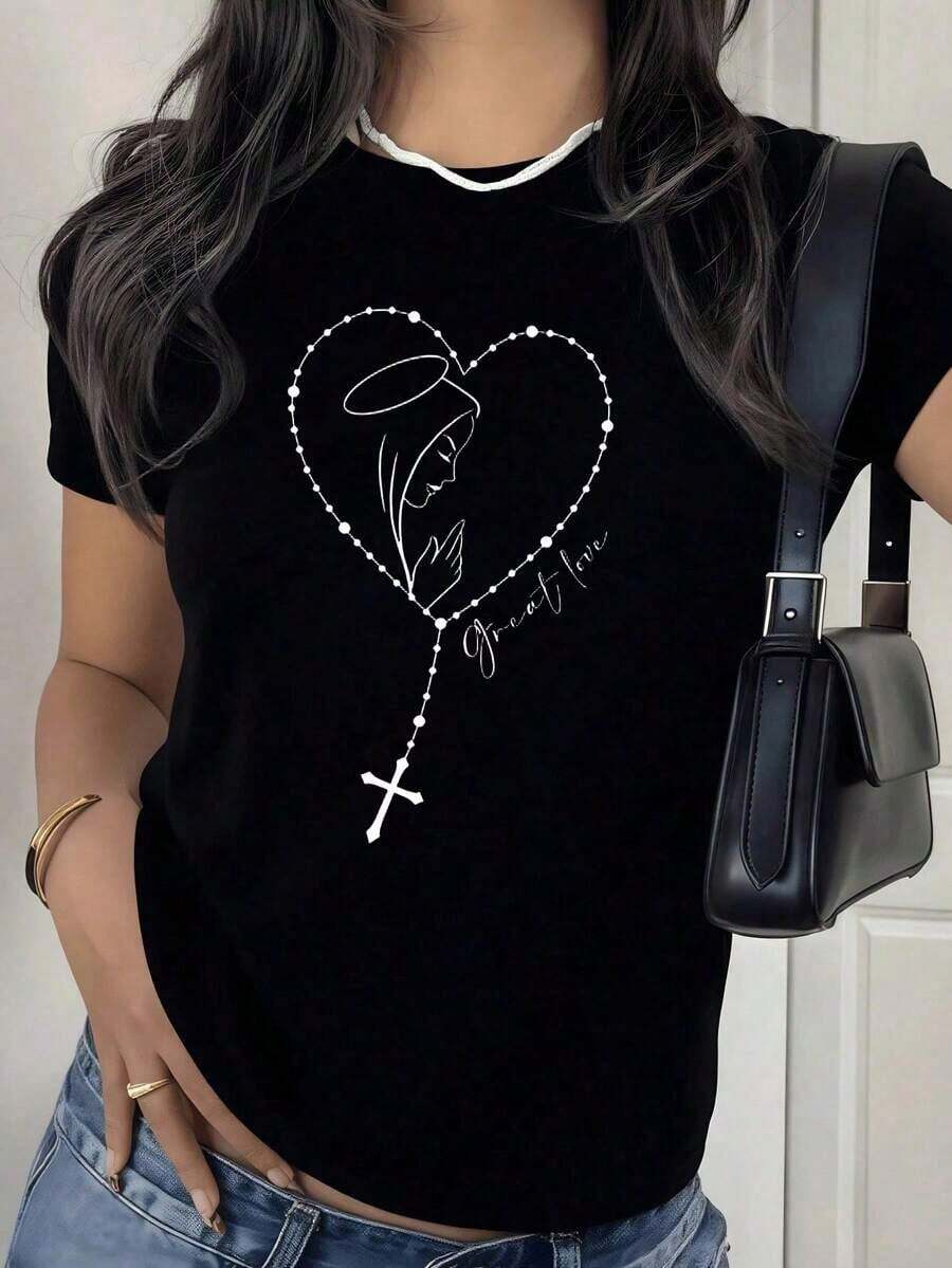 Women's Short-Sleeved T-Shirt, Spring/Summer 2026 – Round Neck Design With A Relaxed Fit And Cartoon Print. Made From Soft, Lightweight Fabric With A Beautiful Drape. Perfect As A Mother's Day Gift. - màu đen - Xem 1