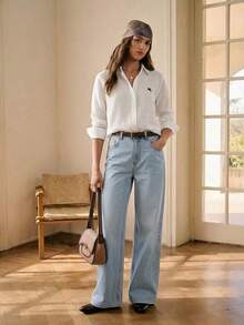 Blusa de mujer con ribete de encaje de color contrastante y cintura ajustable, adecuada para oficina, viajes, negocios, lugar de trabajo, ocasiones sociales, ceremonia de graduación, elegante transporte urbano, uso casual diario, estilo retro de los 90, invitada de boda, dama de honor, anfitriona, salir, citas, fiestas, reuniones, viajes de ocio, festivales de música en el campo, atuendo sencillo, brunch, té, atuendo de aeropuerto - Blanco - Ver 2