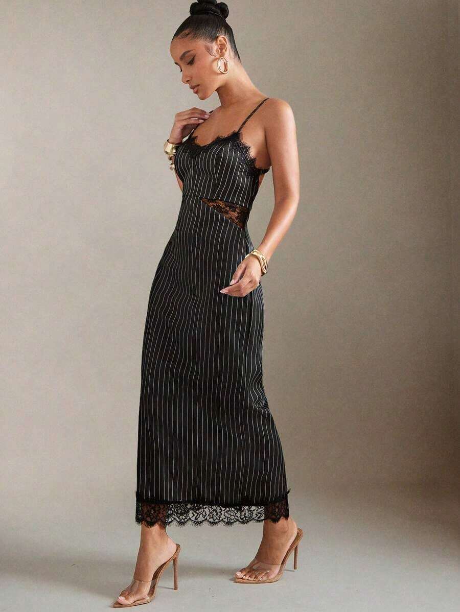 Vestido midi con tirantes con inserto de encaje y abertura trasera a rayas - Negro - Ver 1