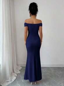 Elegante, encantador y sexy vestido de punto ajustado con hombros descubiertos, fruncido y con estampado floral para fiestas, vacaciones, primavera/verano - Azul marino - Ver 3