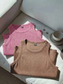 Conjunto de 2 piezas de suéter sin mangas de mujer de algodón con efecto desgastado y teñido ácido en dos tonos vintage - Rosa Fucsia - Ver 4