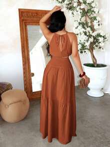 Conjunto de 2 piezas de top halter sexy y falda midi con volantes - Óxido marrón - Ver 2