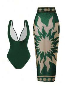 Swim Oasis Set de 2 piezas que incluye 1 traje de baño entero de un solo color y 1 falda larga de malla para playa, verano y vacaciones - Verde - Ver 2