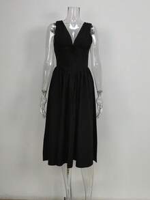 Vestido largo primavera plisado con hombros al descubierto estampado elegante y favorecedor estilo europeo - Negro - Ver 5