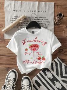 Set de 3 camisetas cortas de mujer de manga corta con cuello redondo, estampado de vaso de cóctel y estilo minimalista casual - Blanco - Ver 7