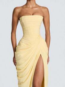Vestido bandeau romántico francés con pliegues asimétricos y abierto alto - Amarillo - Ver 2