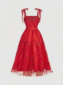 MOD Vestido de tirantes de malla con bordado floral para mujer - Rojo - Ver 3