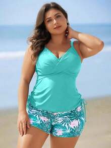Swim Lushoire Set de 2 piezas de tankini con estampado floral para mujeres de talla grande - verde menta - Ver 3