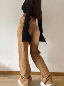 Jeans rectos holgados y apilados de estilo vintage para mujer, casuales para primavera - Marrón - Ver 4