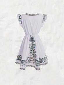 Vestido corto elegante con cuello cruzado en V, estampado floral y volantes en el bajo, manga corta;Vestido midi de línea A con estampado de ubicación;Vestido de verano azul para mujer;Vestido de estilo vacacional;Vestido de verano minimalista de moda - Azul - Ver 2
